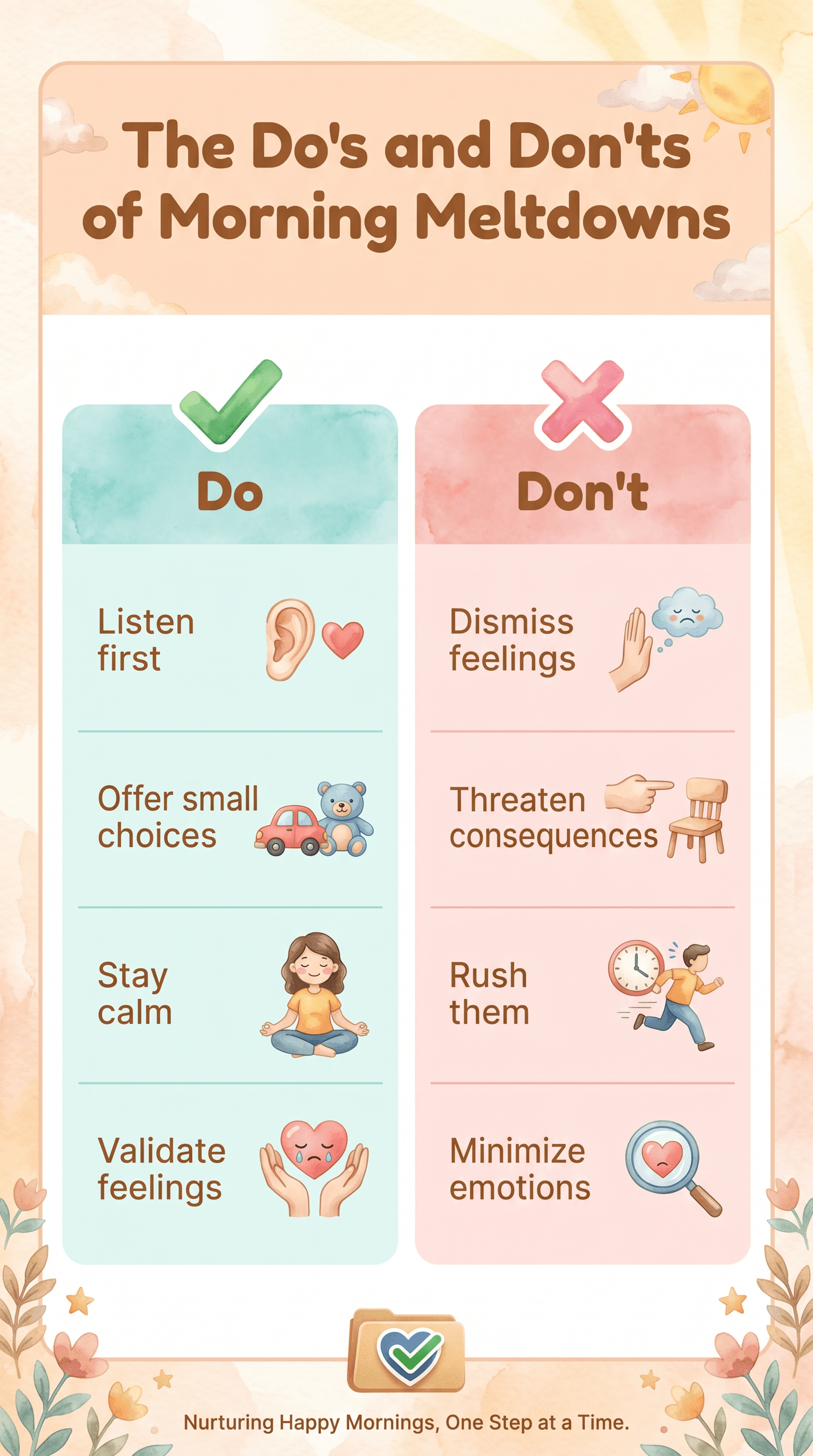 The Do's and Don'ts of morning meltdowns: Focus on connection and firm boundaries.