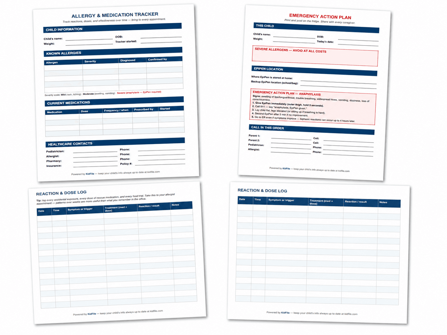 Filled-in example: Allergy and Medication Tracker showing known allergens, emergency action plan, and reaction log
