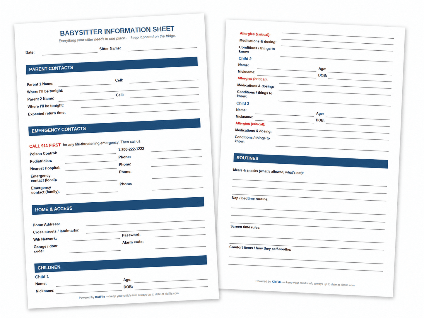 Filled-in example: Babysitter Information Sheet showing Sarah and Mike Martinez's contact info, emergency contacts, home address, and details for two children Emma (7, peanut allergy) and Liam (3, asthma)